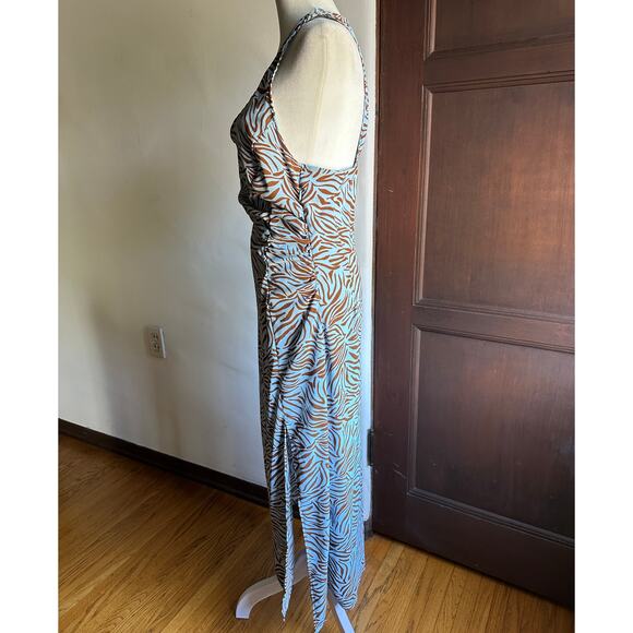 ZARA | Baby Blue and Brown Zebra V Neck Cocktail Dress with Slit | Size Small - Picture 4 of 6